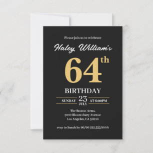 Black Gold Minimalist Modern Simple 64th Birthday Invitation