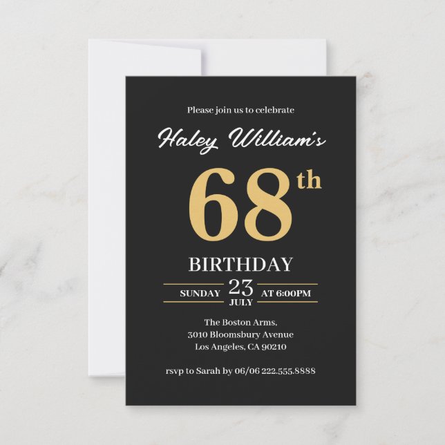 Black Gold Minimalist Modern Simple 68th Birthday Invitation (Front)