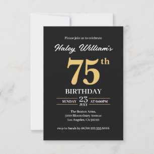 Black Gold Minimalist Modern Simple 75th Birthday Invitation