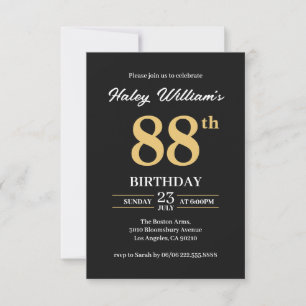 Black Gold Minimalist Modern Simple 88th Birthday Invitation