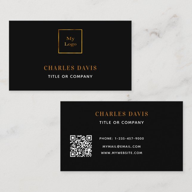 Black gold minimalist Qr code logo Business Card (Front/Back)