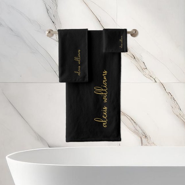 Black Gold Minimalist Script Signature Monogram Bath Towel Set (Creator Uploaded)