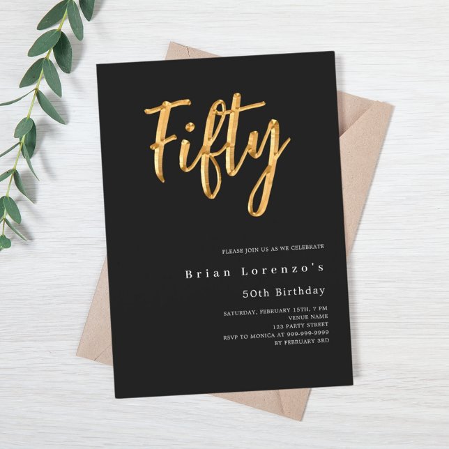 Black gold modern 50th birthday invitation (Creator Uploaded)