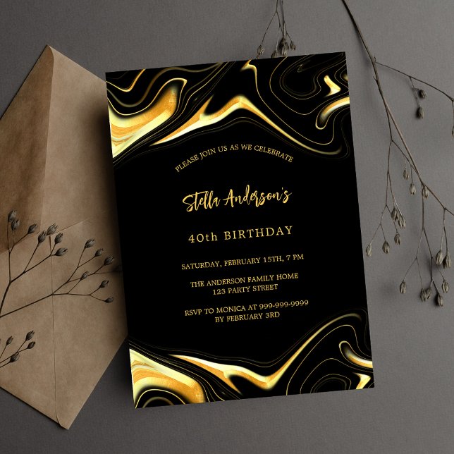 Black gold modern birthday invitation postcard (Creator Uploaded)