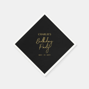Black & Gold Modern Brush Script Birthday Party Napkin