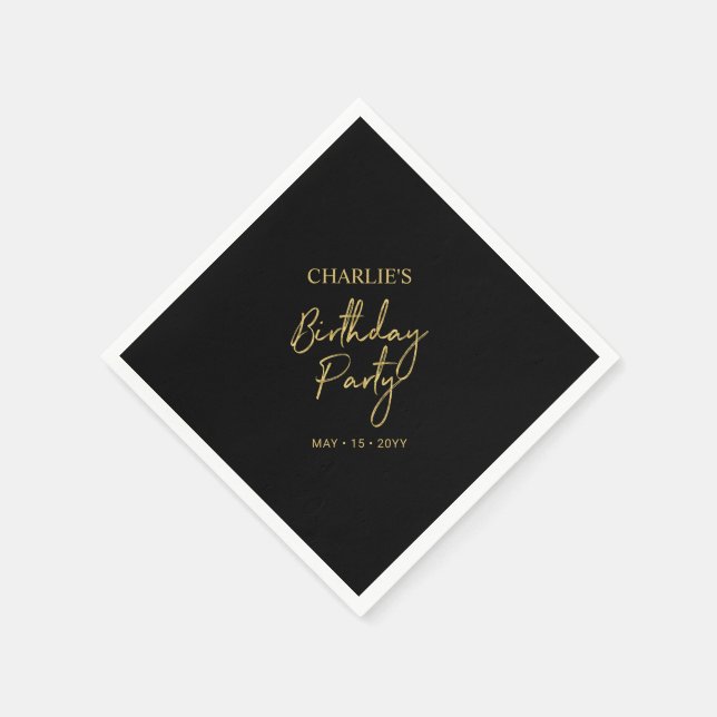 Black & Gold Modern Brush Script Birthday Party Napkin (Corner)