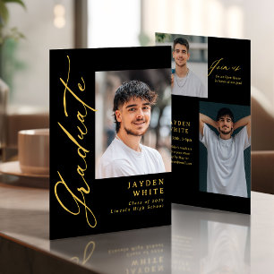 Black Gold Modern Calligraphy Photo Graduation Invitation