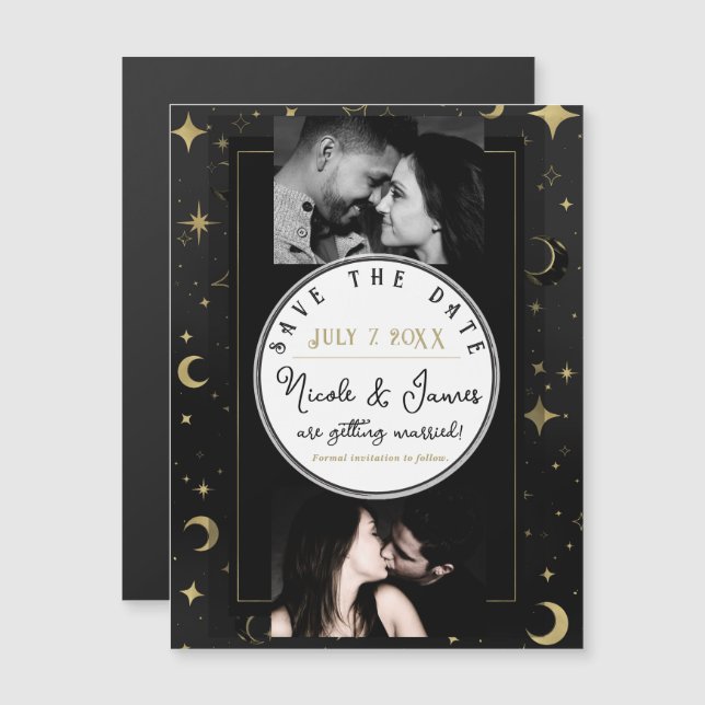 Black & Gold Modern Celestial Moon Save the Date (Front/Back)