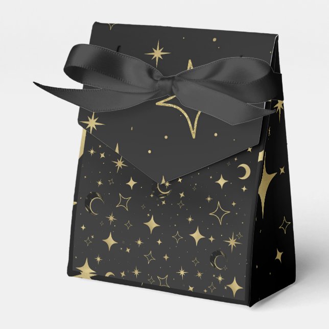 Black & Gold Modern Celestial Moon Stars Wedding Favor Box (Front Side)