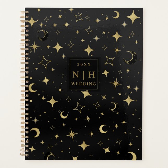 Black & Gold Modern Celestial Moon Stars Wedding Planner (Front)