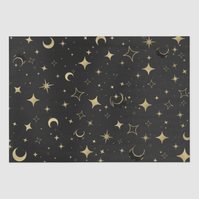 Black & Gold Modern Celestial Moon Stars Wedding Tissue Paper (Front)