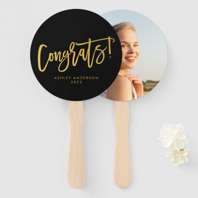 Black Gold Modern Chic Congrats Graduate Photo Hand Fan (Front and Back)