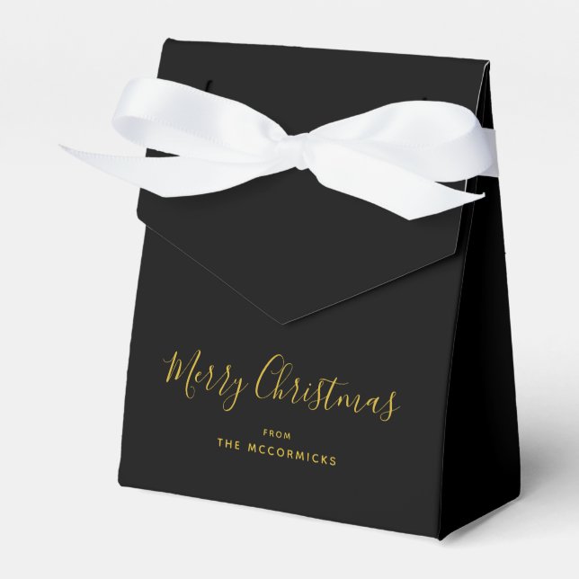 Black Gold Modern Christmas Script Personalized Favor Box (Front Side)