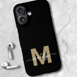 Black Gold Modern Feminine Script Name Monogram iPhone 16 Case<br><div class="desc">Personalized Gold and Black Script Initial Monogram Phone Case. Add a touch of luxury and elegance to your phone with this personalized phone case. Featuring a sleek black background, a bold gold initial (note: the gold is a flat colour with no shimmer), and a flowing white script name, this design...</div>