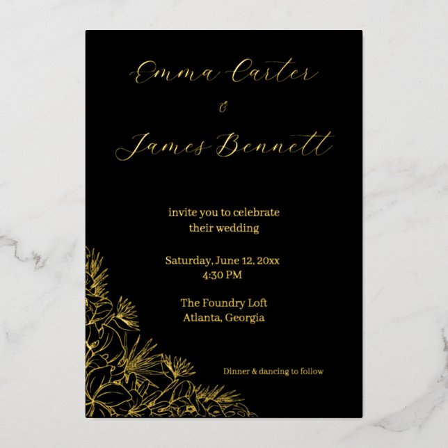 Black & Gold Modern Floral Wedding Foil Invitation (Front)