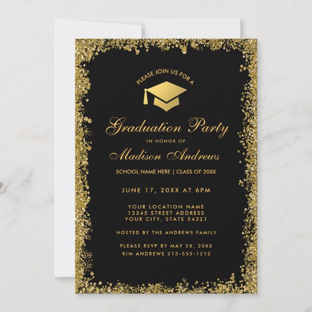 Black Gold Modern Glitter Graduation Party Invite (Front)