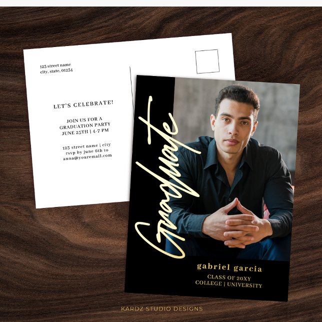 Black Gold Modern Graduation Invitation Postcard (Gold Foil Invitation Postcard is shown in 4.25 x 5.6 inch. front and back views. )