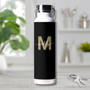 Black Gold Modern Initial Name Monogram Water Bottle