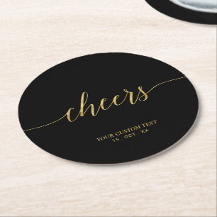 Black & Gold Modern Lettering Cheers Party Round Paper Coaster