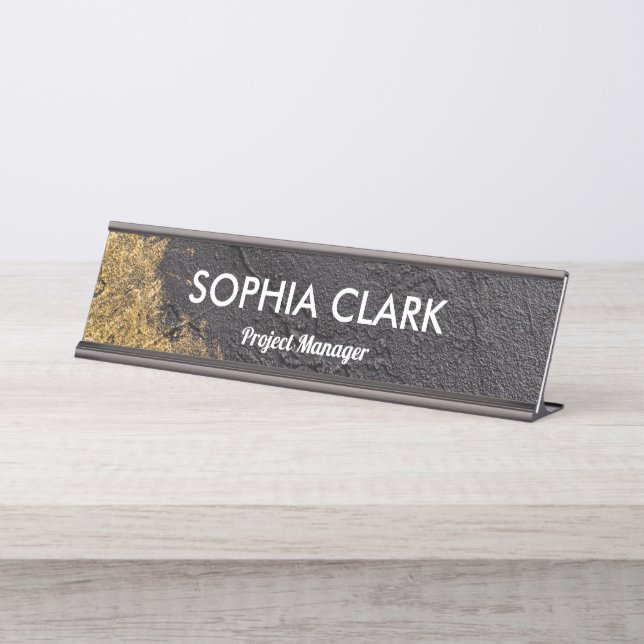 Black & Gold Modern Luxury Texture Golden Custom Desk Name Plate (Front)