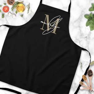 Black Gold Modern Minimalist Elegant Monogram Apron