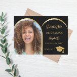 Black gold modern photo arch Graduation Party Save The Date<br><div class="desc">A photo Save the date card for a graduation party. On front: Add your own vertical size photo of the graduate. Faux gold photo arch frame. A black background, golden text. Templates for a name and date. The name and the text: Save the Date are written with a modern hand...</div>