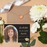 Black gold modern photo arch Graduation Party Save The Date<br><div class="desc">A photo Save the date card for a graduation party. On front: Add your own vertical size photo of the graduate. Faux gold photo arch frame. A classic black background, golden text. Templates for a name and date. The name and the text: Save the Date are written with a modern...</div>