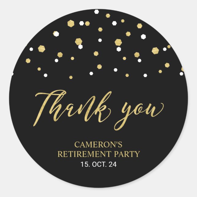 Black & Gold | Modern Retirement Favour Thank you Classic Round Sticker (Front)