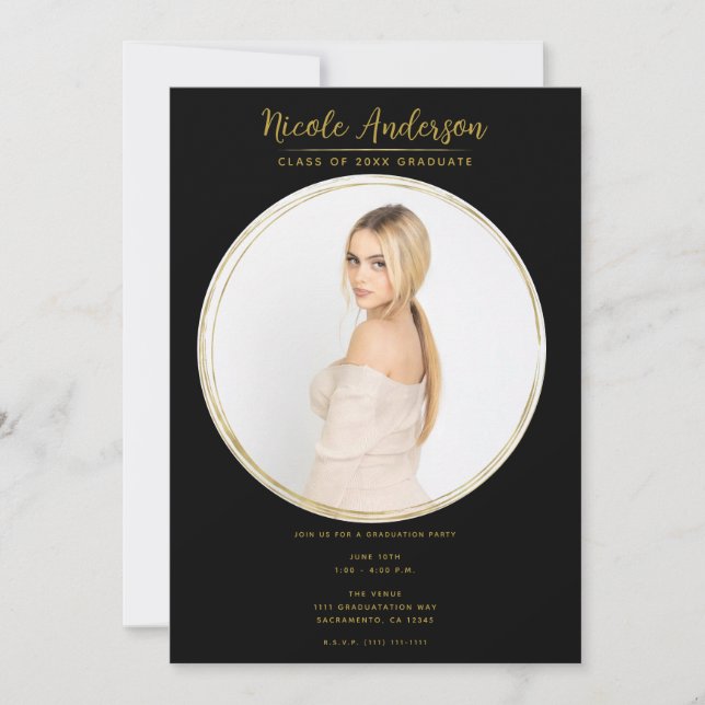Black & Gold Modern Round Photo Graduation Party Invitation (Front)