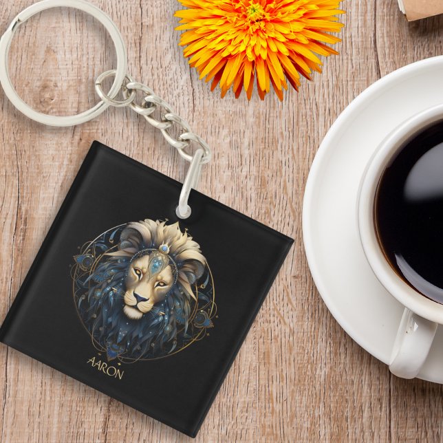 Black Gold Modern Script Big Cat Star Sign Leo Keychain (Creator Uploaded)