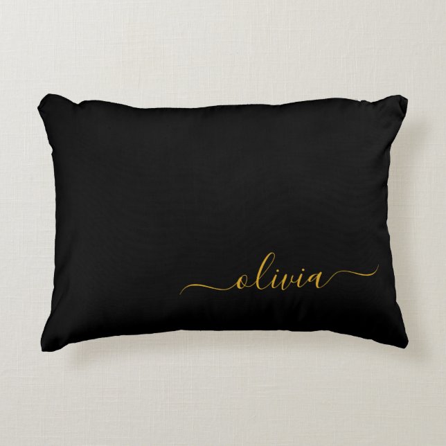 Black Gold Modern Script Girly Monogram Name Accent Pillow (Front)
