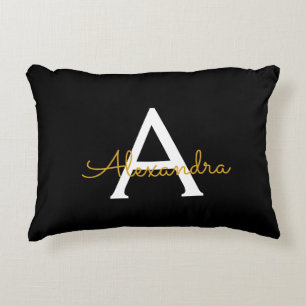 Black Gold Modern Script Girly Monogram Name Accent Pillow