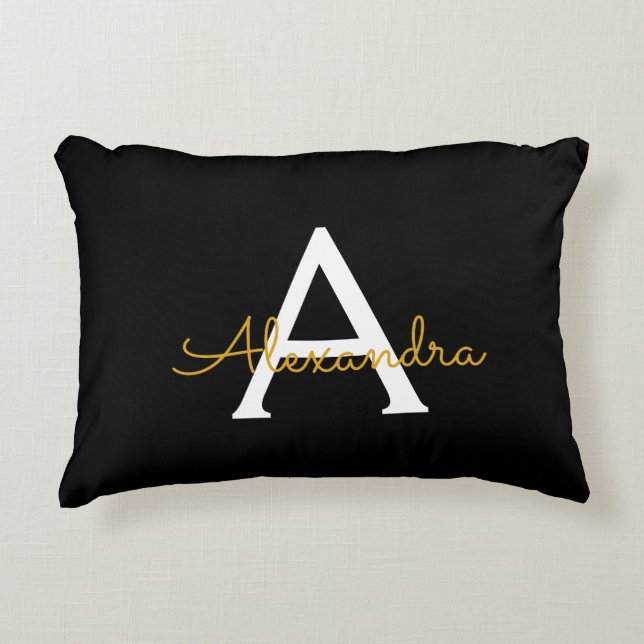 Black Gold Modern Script Girly Monogram Name Accent Pillow (Front)