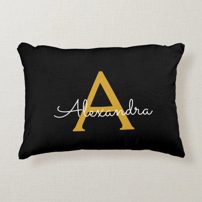 Black Gold Modern Script Girly Monogram Name Accent Pillow (Front)