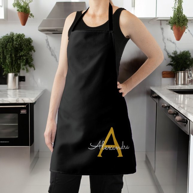 Black Gold Modern Script Girly Monogram Name Apron (Creator Uploaded)
