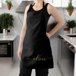 Black Gold Modern Script Girly Monogram Name Apron