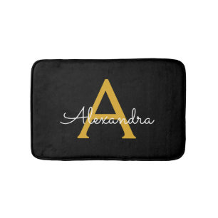 Black Gold Modern Script Girly Monogram Name Bath Mat