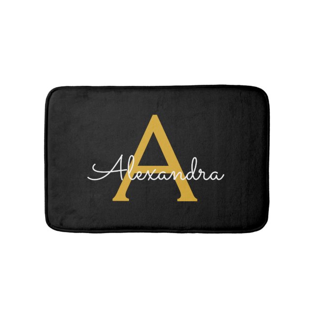Black Gold Modern Script Girly Monogram Name Bath Mat (Front)