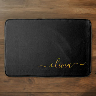Black Gold Modern Script Girly Monogram Name Bath Mat