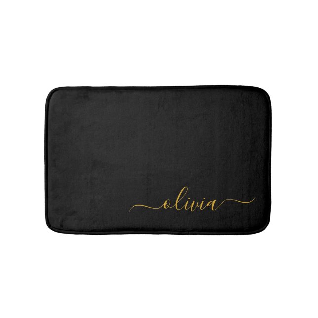 Black Gold Modern Script Girly Monogram Name Bath Mat (Front)