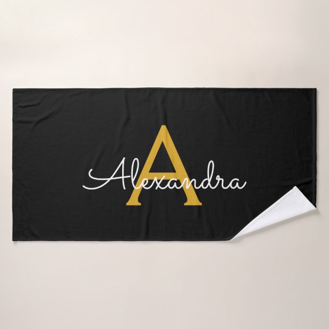 Black Gold Modern Script Girly Monogram Name Bath Towel (Bath Towel)