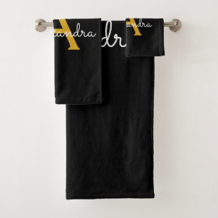 Black Gold Modern Script Girly Monogram Name Bath Towel Set