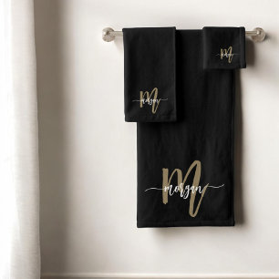 Black Gold Modern Script Girly Monogram Name Bath Towel Set
