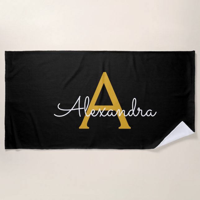 Black Gold Modern Script Girly Monogram Name Beach Towel (Front)