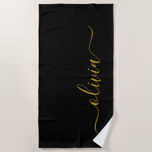 Black Gold Modern Script Girly Monogram Name Beach Towel