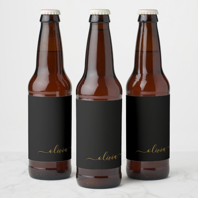 Black Gold Modern Script Girly Monogram Name Beer Bottle Label (Bottles)