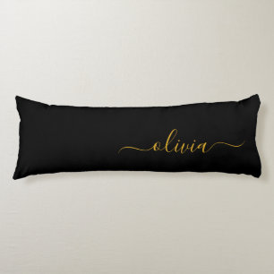 Black Gold Modern Script Girly Monogram Name Body Pillow