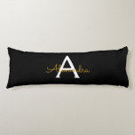 Black Gold Modern Script Girly Monogram Name Body Pillow<br><div class="desc">Black and Gold Simple Script Monogram Name Body Pillow. The pillow makes the perfect sweet 16 birthday,  wedding,  bridal shower,  baby shower or bachelorette party gift for someone decorating her room in rose gold.</div>