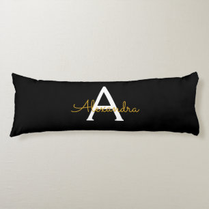 Black Gold Modern Script Girly Monogram Name Body Pillow