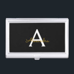 Black Gold Modern Script Girly Monogram Name Business Card Holder<br><div class="desc">Black and Gold Simple Script Monogram Name Business Card Holder. This makes the perfect sweet 16 birthday,  wedding,  bridal shower,  anniversary,  baby shower or bachelorette party gift for someone that loves glam luxury and chic styles.</div>